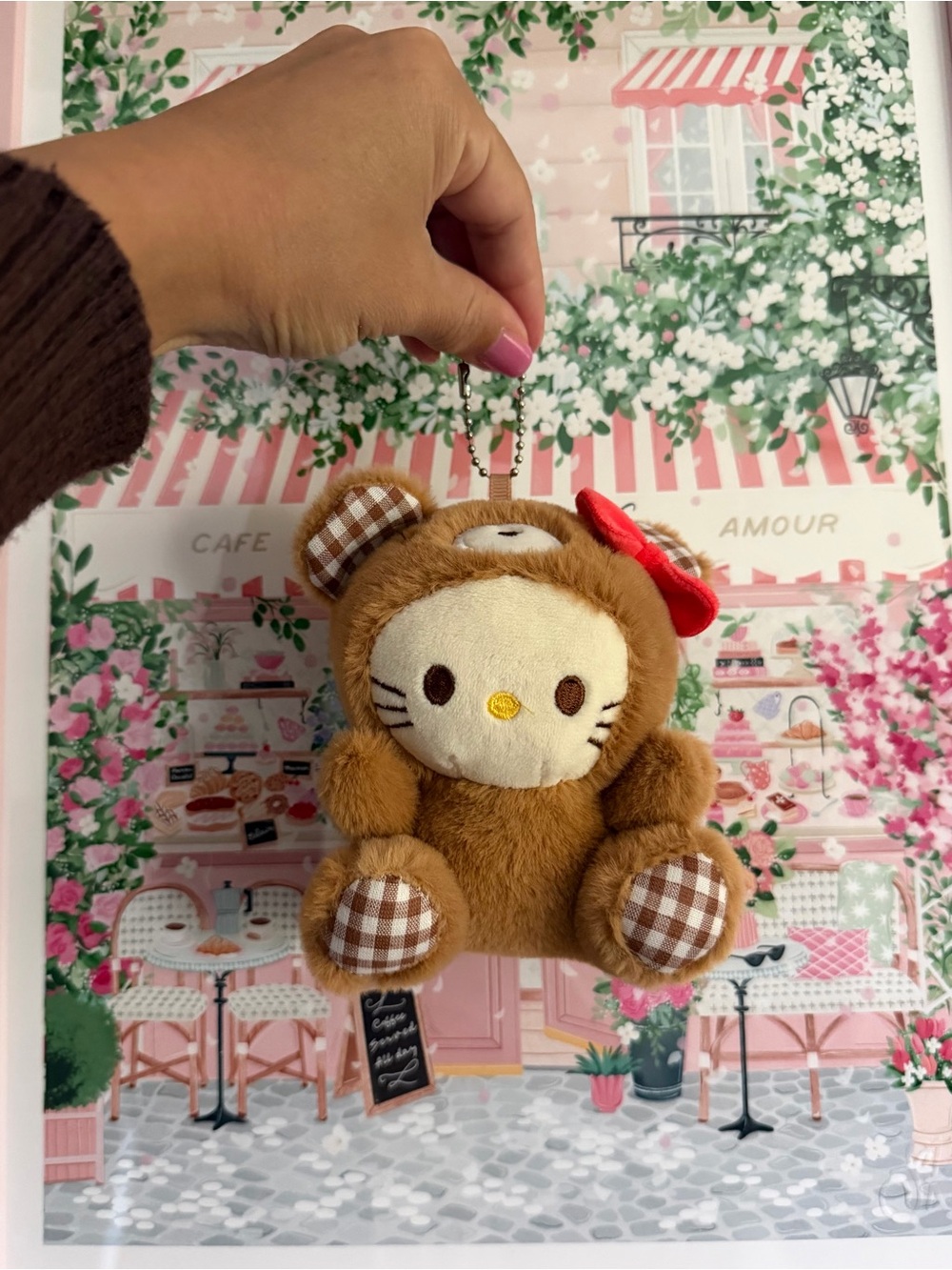 Sanrio Hello Kitty Bear Costume Plush Bag Charm/Keychain - Brown with Red Bow